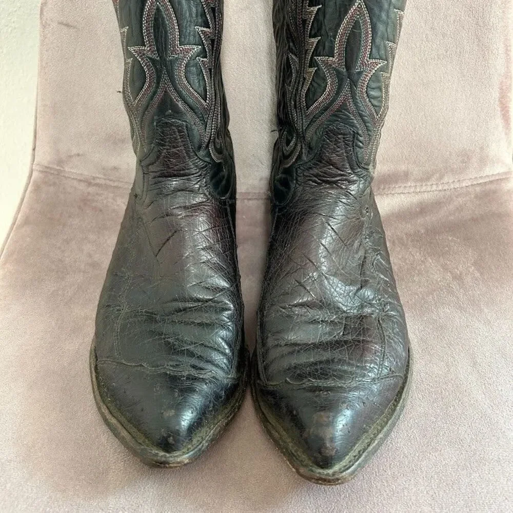 Vintage Men's Tony Lama Black Ostrich Leg Cowboy Boots J-Toe Size 9 Black Red